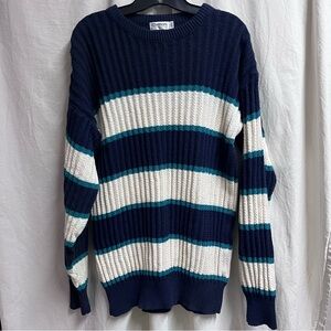 VTG Men’s Damon 100% Cotton Crew Neck Striped  Sweater Medium Blue Teal USA